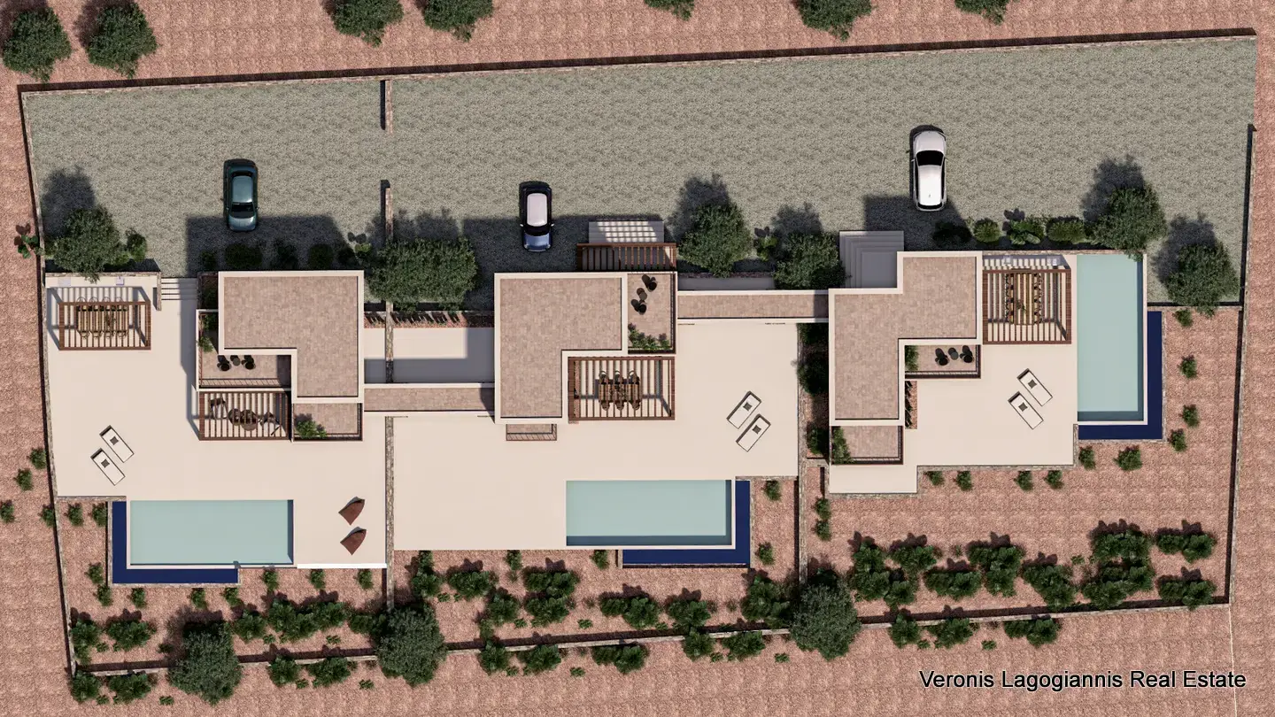 Render Κατοικιών στην Νάξο – Aerial Χώρα Νάξος / 3 κατοικίες με πισίνα